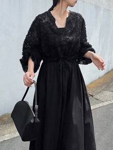 FRIFUL 女士提花V领灯笼袖优雅连衣裙长袖连衣裙 - 黑色 - 查看 1