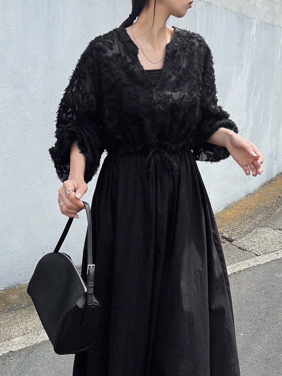 FRIFUL 女士提花V领灯笼袖优雅连衣裙长袖连衣裙 - 黑色 - 查看 1