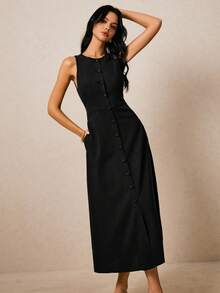 Poéselle Váy không tay cài nút phía trước màu trơn đơn giản dành cho nữ, mùa hè - màu đen - Xem 6