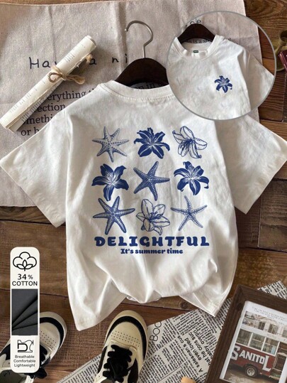 Attitoon 34% Cotton Casual Fitted Round Neck Short Sleeve Women T-Shirt, Vintage Hibiscus Flower Print, Suitable For Summer