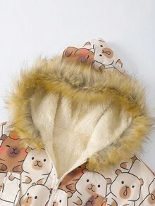 SHEIN Tween Girl Cute Casual Fashion Printed Hooded Jacket With Faux Fur Collar, Thermal Lined Parka, Suitable For Outings, Autumn/Winter, Skiing Girls Cartoon Jackets Cute Jackets Bear Print Jacket Fall - Apricot - View 2