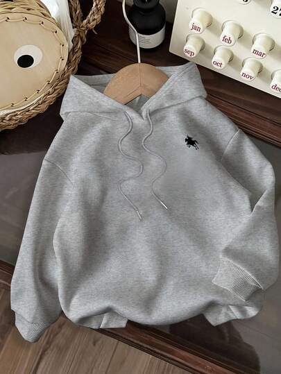 SHEIN EZwear Sudadera holgada con capucha de manga larga y estampado de caballo de estilo minimalista casual, adecuada para otoño/invierno