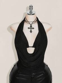 SHEIN ICON Bộ 2 áo ba lỗ hở lưng lấp lánh cho nữ cỡ lớn, đi biển, tiệc tùng Hawaii - màu đen - Xem 3