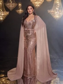 Glamrae 加大码优雅浪漫杏色深 V 心形领口奢华串珠亮片缀饰长袖鱼尾下摆正式晚礼服 - 杏色 - 查看 6