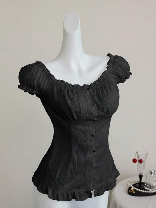 Elamini White Sexy Off Shoulder Puff Sleeve Ruffle Trim Fitted Blouse, Slimming, Spring/Summer Resort Wear