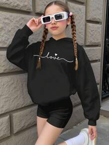 SHEIN Leap Crew Tween Girls' Casual Loose Fit Letter Print Sweatshirt,In Fall/Winter - Black - View 1