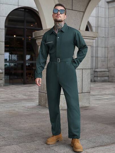 Manfinity CasualCool 男士休闲纯色斜口袋长袖连体裤，秋季