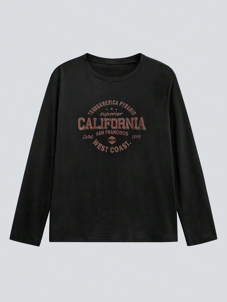 MODCRASH 男士极简印花圆领长袖T恤，图案T恤，街头服饰，适合秋冬春夏穿着 - 黑色 - 查看 1