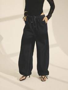 Aralina Fall/Winter Baggy Fit Wide Leg Dark Wash Denim Trouser Pants With Adjustable Drawstring Detail On Waistband And Leg Stockholm Style Balloon Pant For Work Outfit For Women
