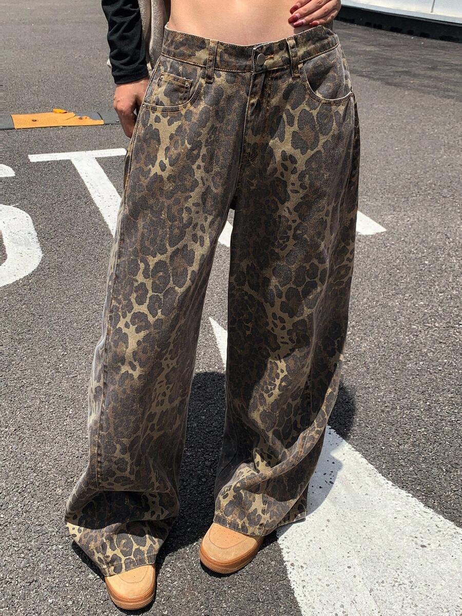 DAZY Quần jean ống rộng dáng rộng, túi họa tiết da báo dành cho nữ - Rỉ Nâu - Xem 1