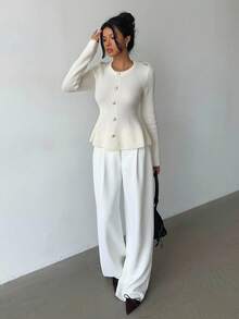 Elenzga White Long Sleeve Faux Placket Knit Sweater, Casual Commuter & Home Wear, Autumn/Winter Fall Cloth For Women - White - View 7