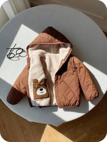 SHEIN 2件套男童可爱3D小熊图案保暖内衬休闲双面连帽羽绒服，秋冬季保暖舒适