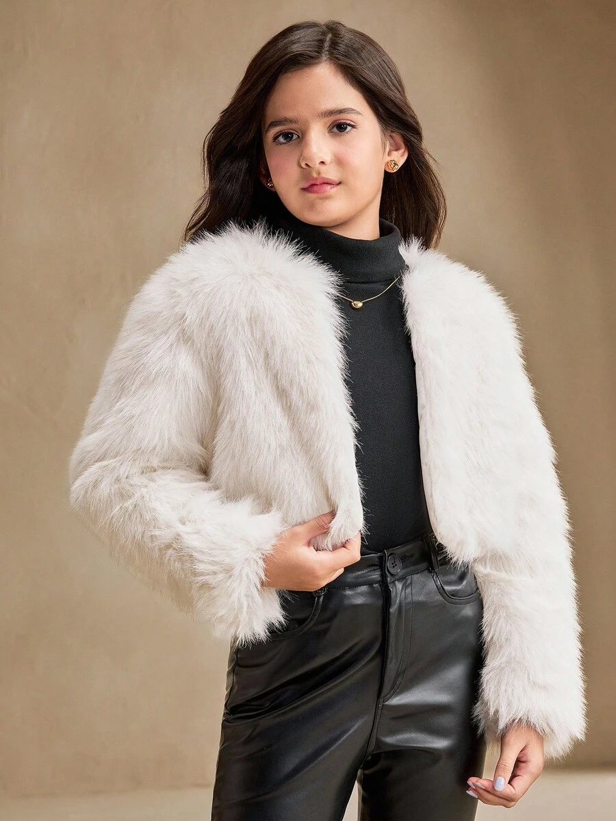 SHEIN Tween Girl Short Plush Elegant White Fuzzy Coat, Autumn & Winter - White - View 1