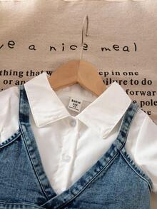 Young Girl Denim Camisole Top And Solid Color Bubble Hem Casual Dress Set With Bag - White - View 4
