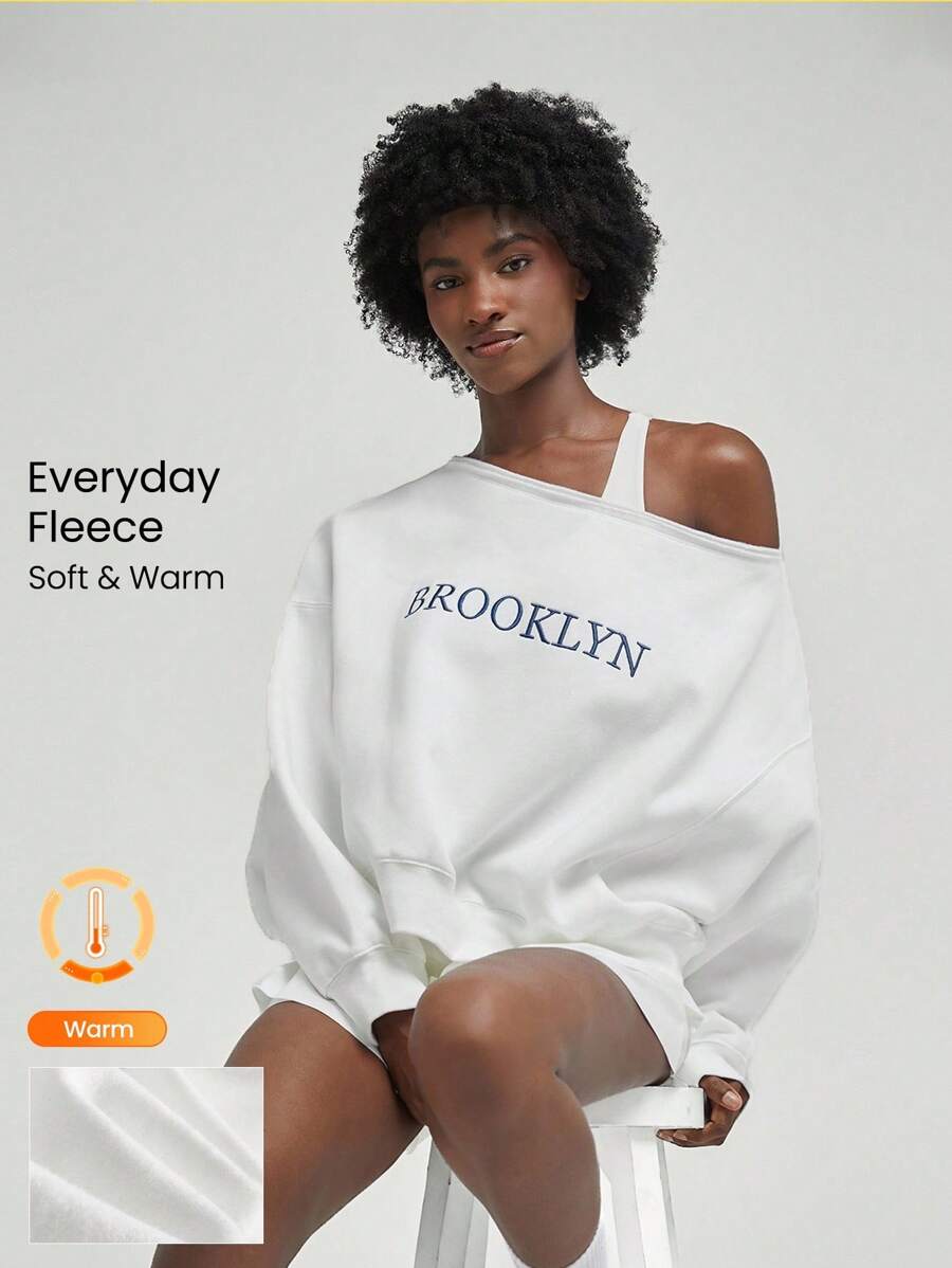 GLOWMODE Cotton-Blend Fleece Embroidered Off-Shoulder Long Sleeve Sweatshirt Fall