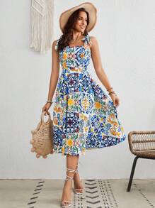 SHEIN VCAY Women's Printed Square Neckline Cami Dress With Drawstring Waist - Multicolor - View 5