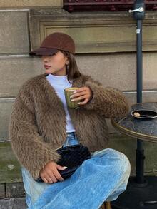 DAZY 女士宽松V领长袖短款休闲蓬松外套，秋冬女式外套 - 棕色 - 查看 1