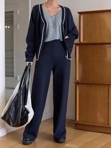 DAZY Conjunto de 2 piezas de punto con top de manga larga con ribete de contraste y pantalones de unicolor, para otoño - Azul Marino - Ver 8