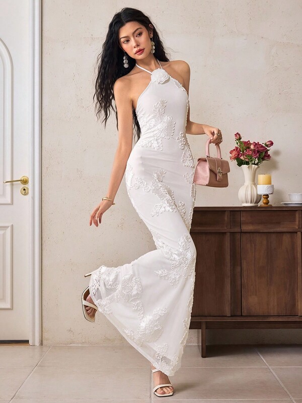 EastFlair Vestido elegante de mujer con bordado floral 3D y espalda descubierta