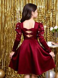 Rochie elegantă cu mânecă lungă, culoare solidă, vișinie, pentru fete mai mari