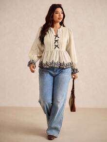 Elaquor Camisa de vacaciones con cuello en V, estampado floral y volantes para mujer de talla grande