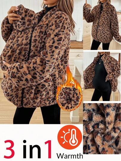 SHEIN Ropa de otoño, ropa de otoño, chaqueta de 3 en 1 con estampado de leopardo de manga larga y forro polar para mujeres embarazadas en otoño/invierno, abrigo de invierno para maternidad con estampado de leopardo, chaqueta de maternidad de talla grande, chaqueta de borreguito, abrigo de invierno para maternidad, chaqueta de piel sintética, abrigo de maternidad de talla grande