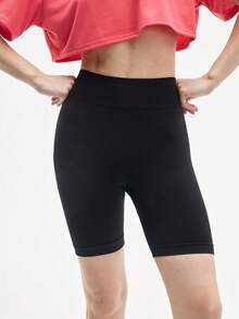 SHEIN Sports Pantaloncini sportivi senza cuciture a vita alta di colore unito da donna - nero - Visualizzare 5