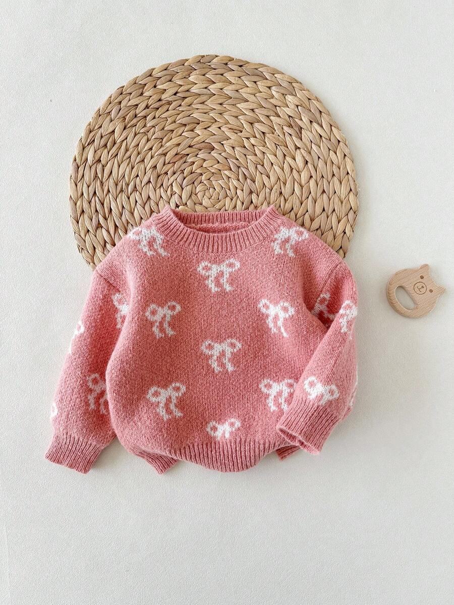 SHEIN 女婴冬季秋季蝴蝶结图案毛衣 - 粉色 - 查看 1