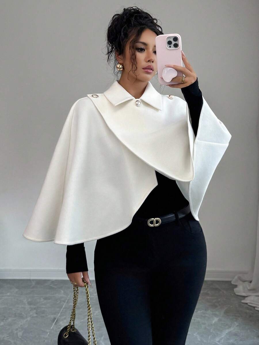 Selianne 女士优雅金属纽扣斗篷，白色冬装外套，适合派对、约会、万圣节、圣诞节、情人节、秋冬季穿搭、通勤，时尚优雅。 - 白色 - 查看 1