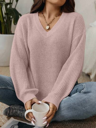 EMERY ROSE Plus Size Women V-Neck Dropped Shoulder Long Sleeve Casual Loose Pullover Sweater, Autumn Fall Winter Cloth For Women