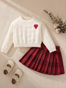 Souflis Souflis 女婴心形图案圆领长袖毛衣和格子印花裙套装