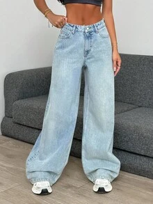 SHEIN Cottnline High Waist Light Wash Wide Leg Jean - Light Wash - View 7
