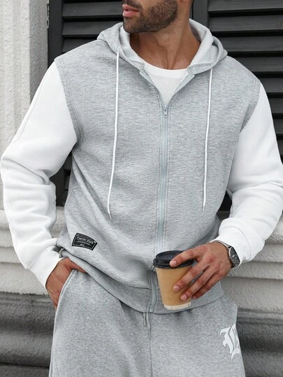 Manfinity CasualCool Plus Size Men's Contrast Color Zip-Up Casual Hoodie, Fall Winter, Long Sleeve Top