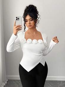 SHEIN Elenzya قميص نسائي أنيق بطبعة وردة كبير الحجم - أبيض - مشاهدة 7