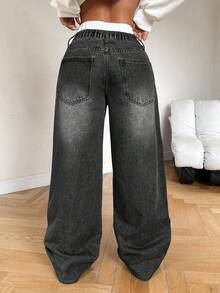 SHEIN Tall 女士牛仔裤 低腰宽松直筒裤 双腰直筒裤 拼接直筒裤 高腰宽松牛仔裤 阔腿牛仔裤 宽松牛仔裤 Y2k 女式宽松牛仔裤 女式宽松牛仔裤 - 深灰色 - 查看 2
