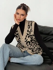 SHEIN Tall Damen Herbst/Winter Einreihige V-Ausschnitt Leoparden Muster Pullunder, Pullunder für Frauen im Herbst, Damen Winter Pullover, Ausgeh Oberteile, Leoparden Muster, Braun, Lässig und Einfach. Ausgehen, Zuhause, Lässig, Elegant, Pendeln, Vielseitig, Hochwertige Aufwertung, Personalisiert, Geeignet für Partys, Pendeln zur Arbeit, Kundentreffen und viele andere Anlässe, Old Money Stil, Boss Feeling, Gangsterfrau Stil, Leoparden Muster Top, Gepard Muster Top - Schwarz - Übersicht 7