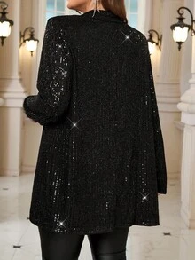 Miaspire Plus Size Solid Color Fashionable Shiny Lapel Mid-Length Jacket In ,Spring - Black - View 2