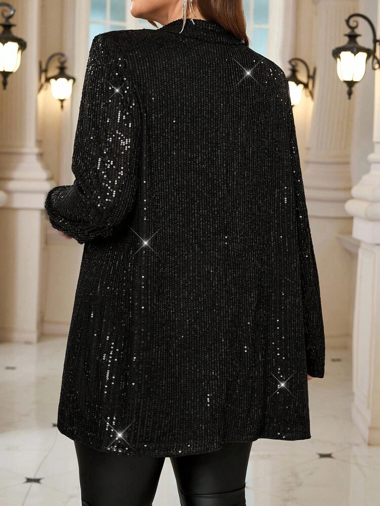 Plus Size Solid Color Fashionable Shiny Lapel Mid-Length Jacket In ,Spring