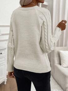 EMERY ROSE Suéter de punto de cable con detalle de botones y mangas raglán de unicolor simple para uso diario casual de mujer, otoño/invierno - Albaricoque - Ver 2
