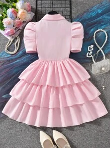 1pc Tween Girls Elegant Little Princess Style White Short Sleeve Multi-Layer Ruffle Cake Dress, Spring/Summer Fashion Dress For Girls Unique Dresses For Girls Pretty Dresses For Girls School Girl Dress Teen Girl Clothes Dress Button - Pink - View 2