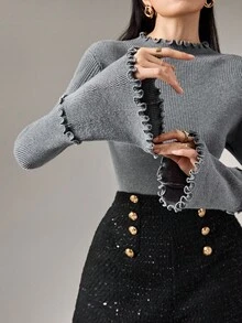 Heiryn Versatile Commute & Casual Wear, Mock Neck Ruffle Trim Flare Sleeve Knit Sweater In Fall/Winter