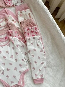 SHEIN 新生女婴可爱休闲针织卡通波尔卡圆点长袖连体睡衣套装 - 彩色 - 查看 3