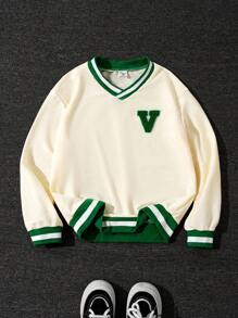 Sudadera holgada para niños, nueva para otoño/invierno, cuello en V pequeño, parche blanco con puños y bajo de canalé tejido en verde, holgada y cómoda, estilo casual
