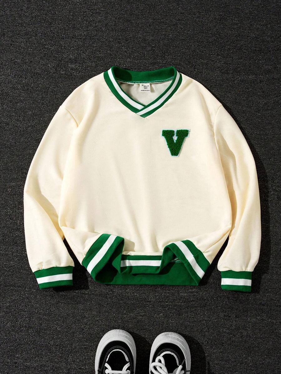 Sudadera holgada para niños, nueva para otoño/invierno, cuello en V pequeño, parche blanco con puños y bajo de canalé tejido en verde, holgada y cómoda, estilo casual