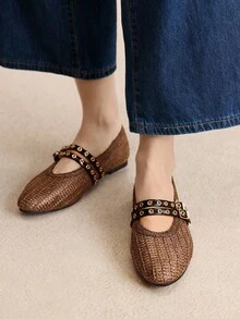Rosivie 2025年手工编织小众时尚女鞋，新款双扣芭蕾平底鞋 - 咖啡棕 - 查看 6