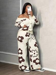 Slaydiva New Year Holiday New Autumn And Winter Casual Floral Pattern V-Neck Long-Sleeved Open Placket Cardigan+ Wide-Leg Pants Two Pieces Set Two Piece Set Women Floral Two Piece Set,Fall - Brown - View 5