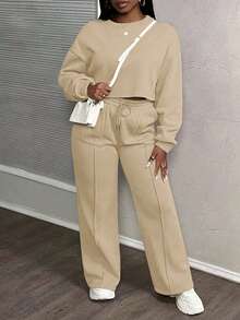 Slaydiva 新款复活节西部风女装休闲街头辣妹风雪蓝色水洗绿长袖上衣和阔腿裤两件套 - 杏色 - 查看 4