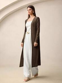 BizChic Women's Autumn Cardigan, Long Open Front Knitted Sweater Coat, Casual Office Business Wear, Basic Style,Fall - Brown - View 4