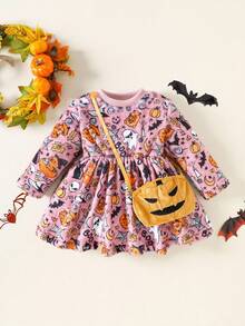 SHEIN Perso Play Vestido de manga larga con estampado de calabaza y bolso de calabaza para niña, adecuado para otoño/invierno, uso diario - Multicolor - Ver 1