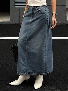 DAZY 女士休闲牛仔A字裙，秋季款 - 藍色 - 查看 7